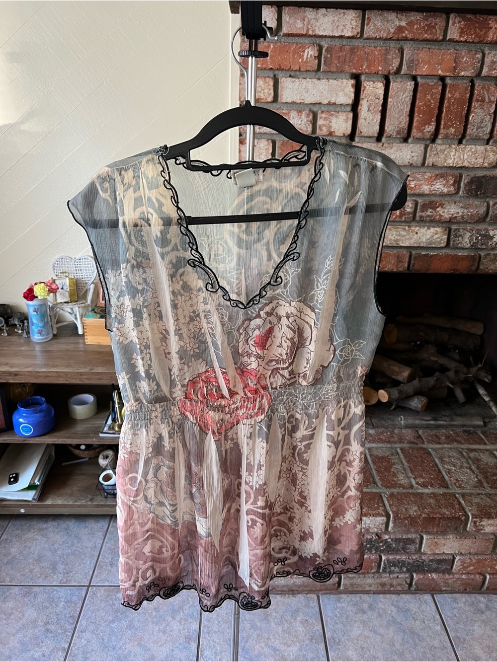 Y2K Sheer Floral Embroidered Tunic Top in Gray, Cream & Dusty Rose maternity